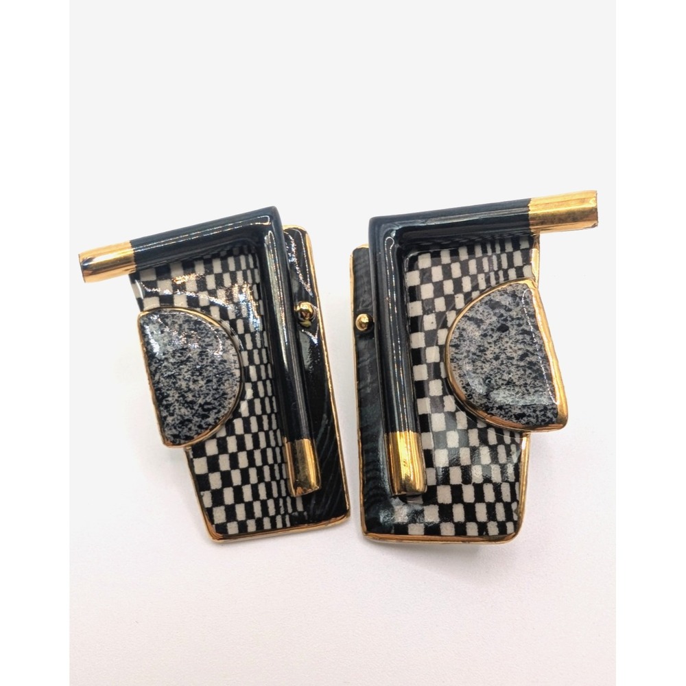 Vintage Porcelain Earrings NOS Memphis Style Black White Gold Geometric 1.75in